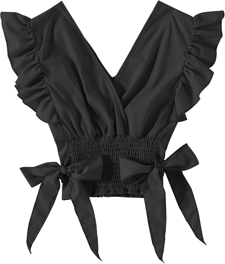 LYANER Women's V Neck Polka Dots Ruffle Cap Sleeve Shirred Hem Blouse Crop Tank Top | Amazon (US)