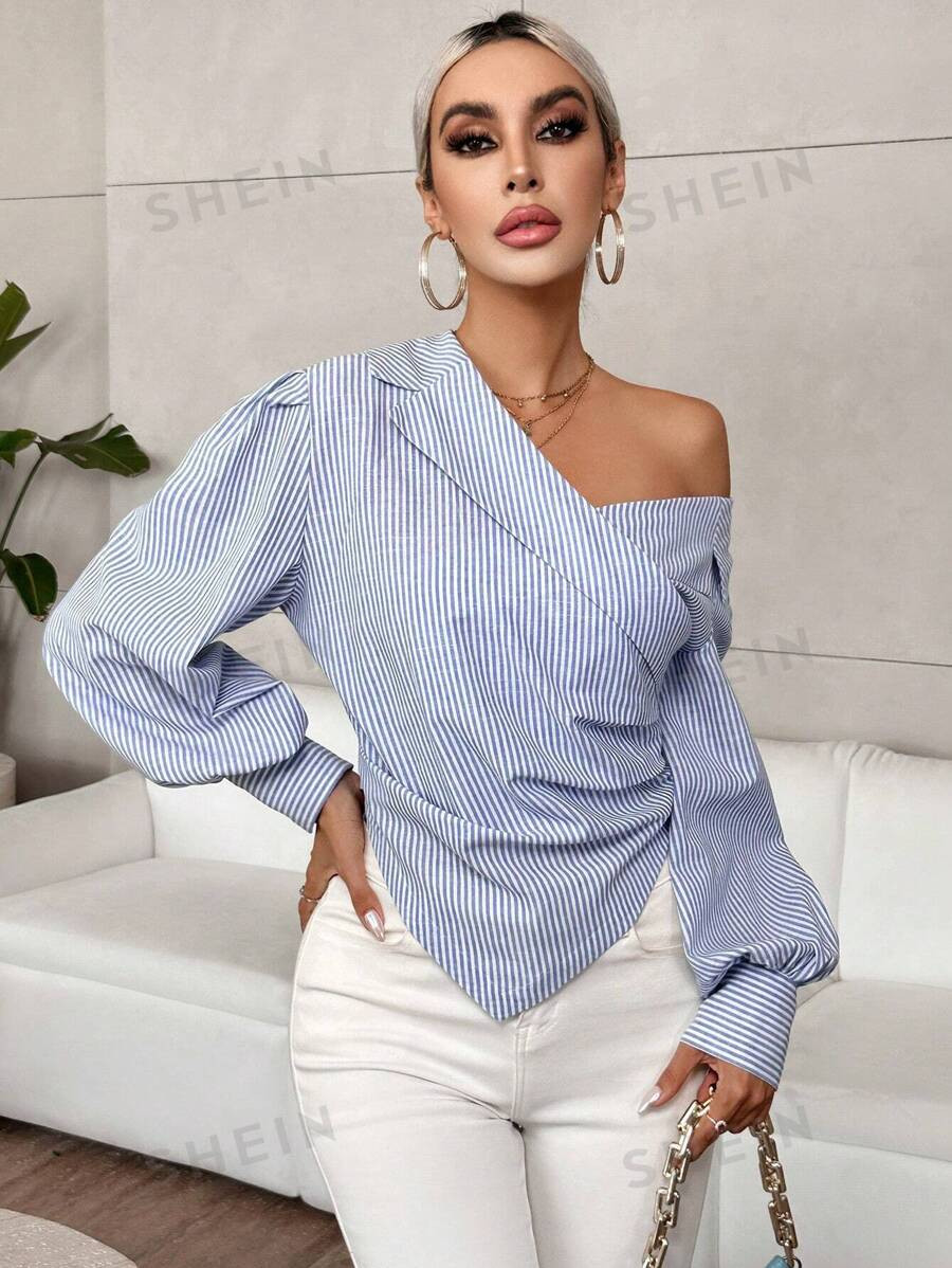 SHEIN Privé Work Women Shirts Striped Print Asymmetrical Neck Lantern Sleeve Ruched Hanky Hem Bl... | SHEIN