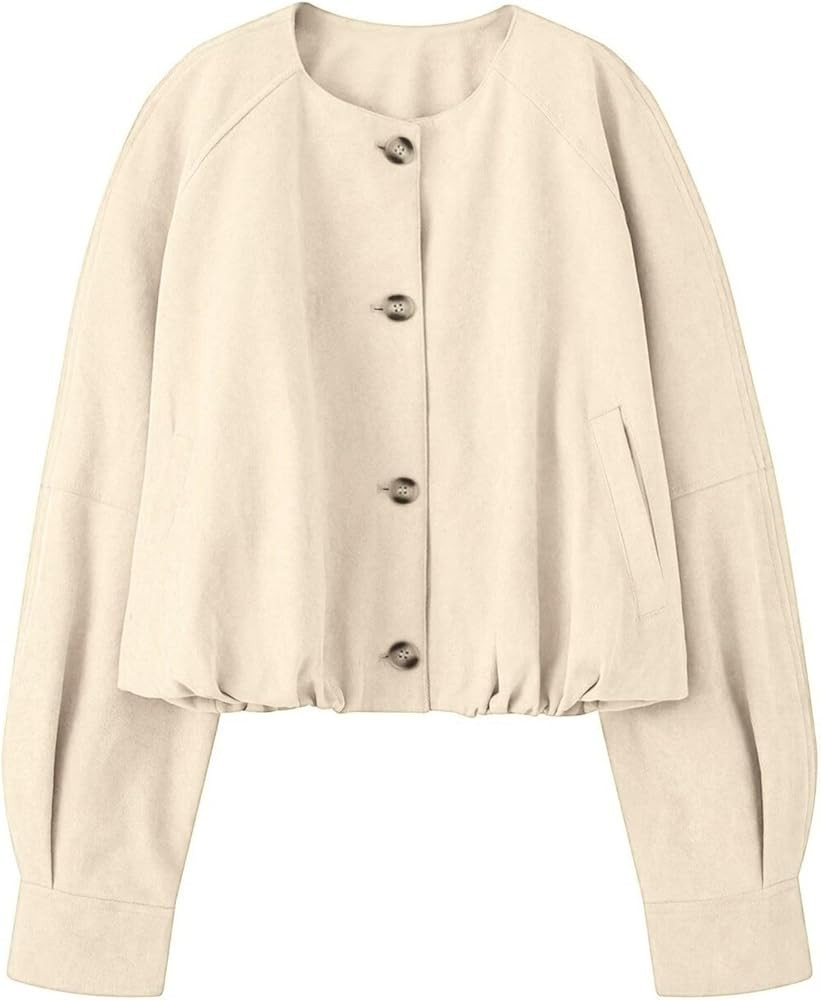 Xunger Women's Faux Suede Button Jacket Oversized Gathered Hem Short Length Coat Casual Vintage O... | Amazon (US)