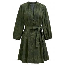 Floral Embroidery Waist Tie Buttoned Mini Dress | Chicwish