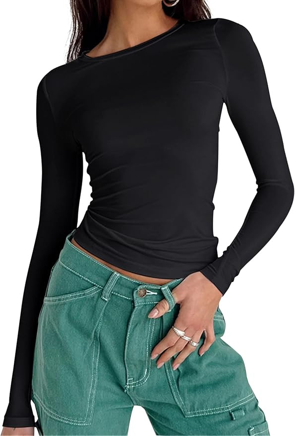 MISSACTIVER Women Workout Crewneck Long Sleeve Yoga Basic T-Shirt Casual Athletic Stretch Slim Fit S | Amazon (US)