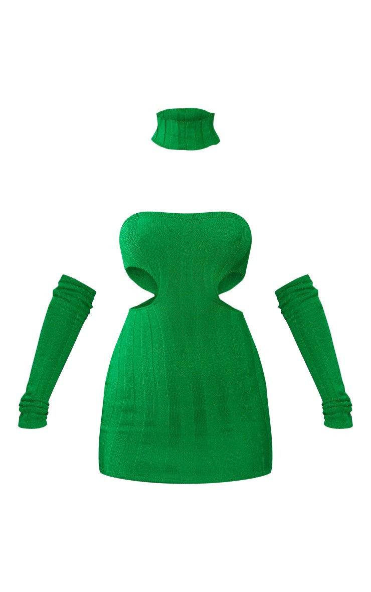 Emerald Green Wide Rib Knit Cut Out Dress & Sleeves & Collar | PrettyLittleThing US