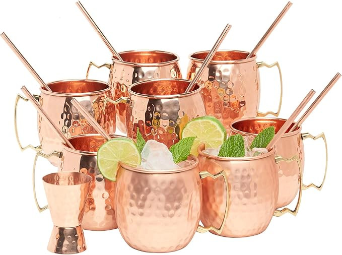 Kitchen Science Moscow Mule Copper Mugs 16 Ounce with 8 Straws and Jigger Set | Amazon (US)