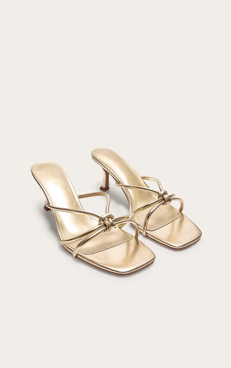 Gold Satin Wide Fit Square Toe Knotted Heeled Mules | PrettyLittleThing UK