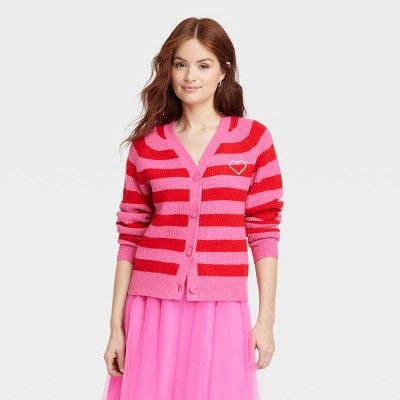 Women's Button-Down Cardigan - A New Day™ Red/Pink Striped XL | Target