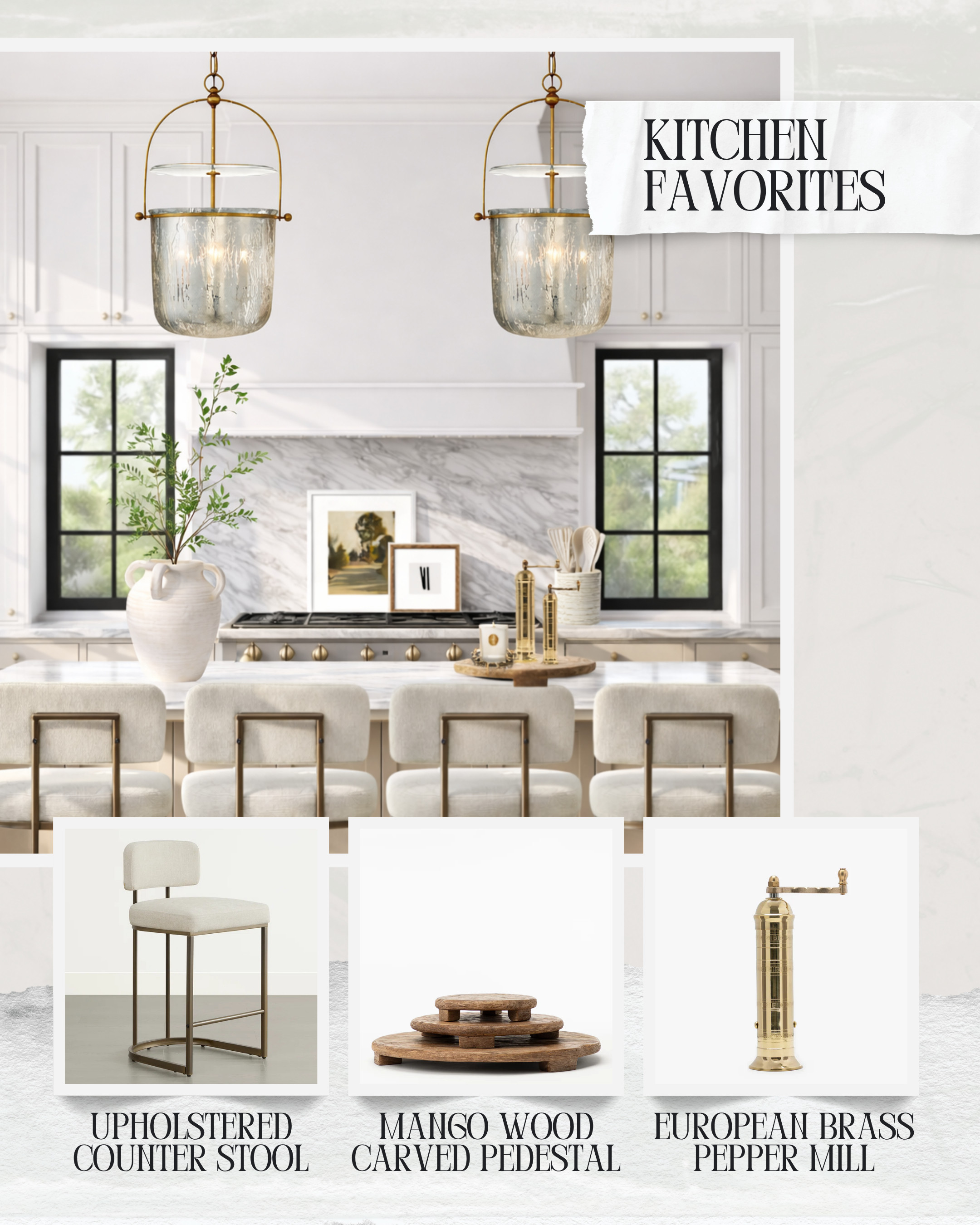 Kitchen details that do more than just function — they finish the space. ✨

These are the kinds of pieces that take a kitchen from basic to designed. The upholstered counter stools soften the space and add that tailored feel, the mango wood pedestal brings in warmth and height for styling, and the brass pepper mill is that small detail that makes everything feel elevated.

It’s never just about the big elements — it’s the mix of texture, material, and subtle contrast that creates a kitchen that feels intentional and lived-in.

If you’re styling your kitchen, start here: layer in pieces that are both functional and beautiful.

This is what makes a kitchen feel complete. ✨ 

 #LTKHome