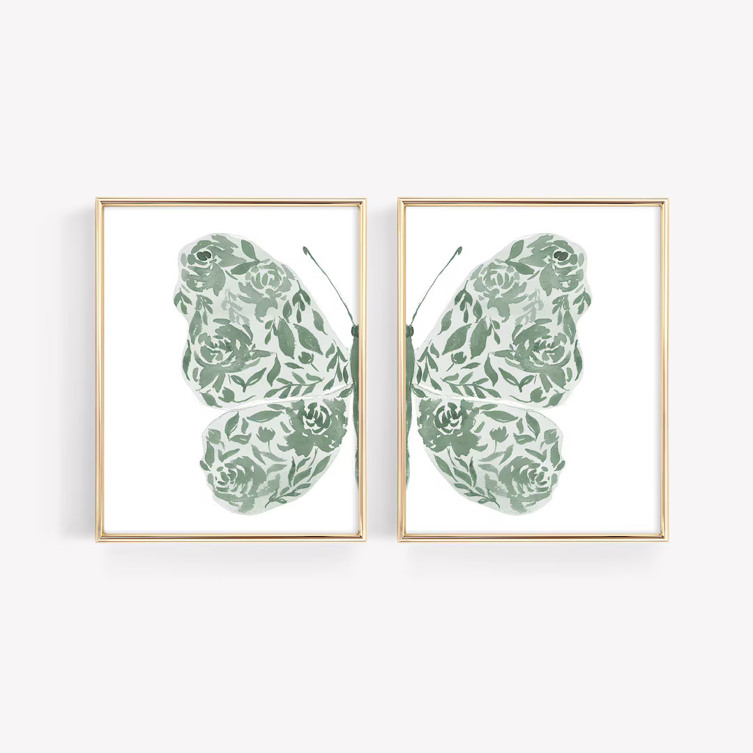 Butterfly Wall Decor, Sage Green Wall Art, Floral Nursery Print, Boho Nursery Wall Art, Wildflowe... | Etsy (US)
