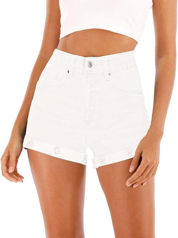 Cuihur Women's Casual High Waisted Stretchy Denim Shorts Ripped Folded Hem Jeans Shorts | Amazon (US)