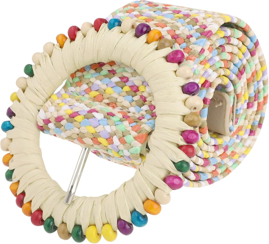 Women's Straw Woven Stretch Belt Round Beaded Buckle Waist | Amazon (US)