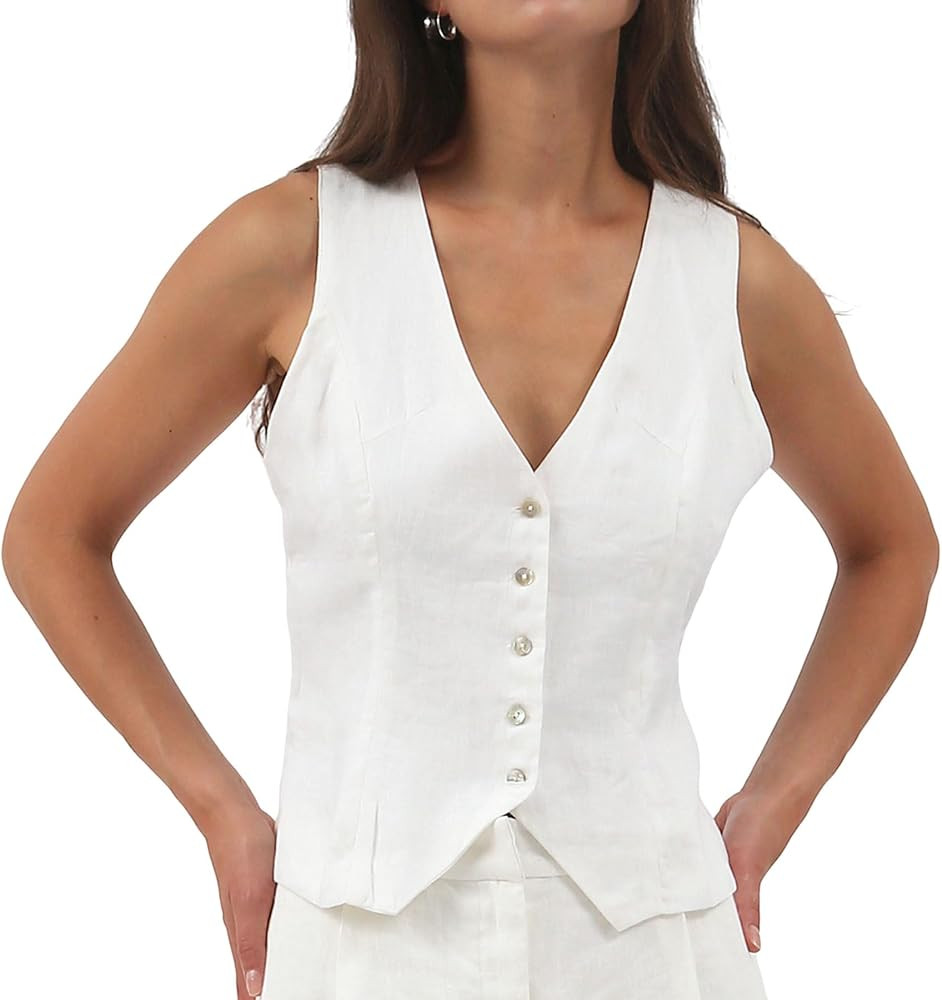 Amazhiyu Womens Pure Linen Sleeveless Button Down Crop Top V Neck Waistcoat Vest | Amazon (US)