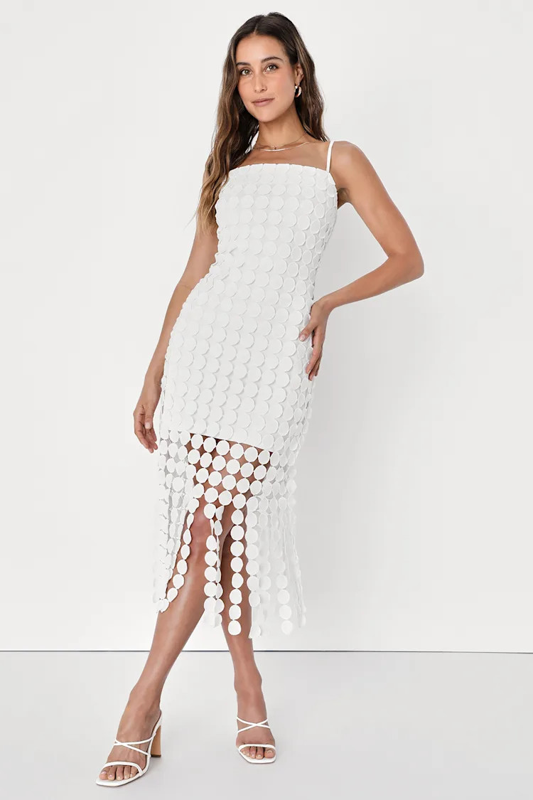 Fun Fascination White 3D Dot Sleeveless Fringe Midi Dress | Lulus