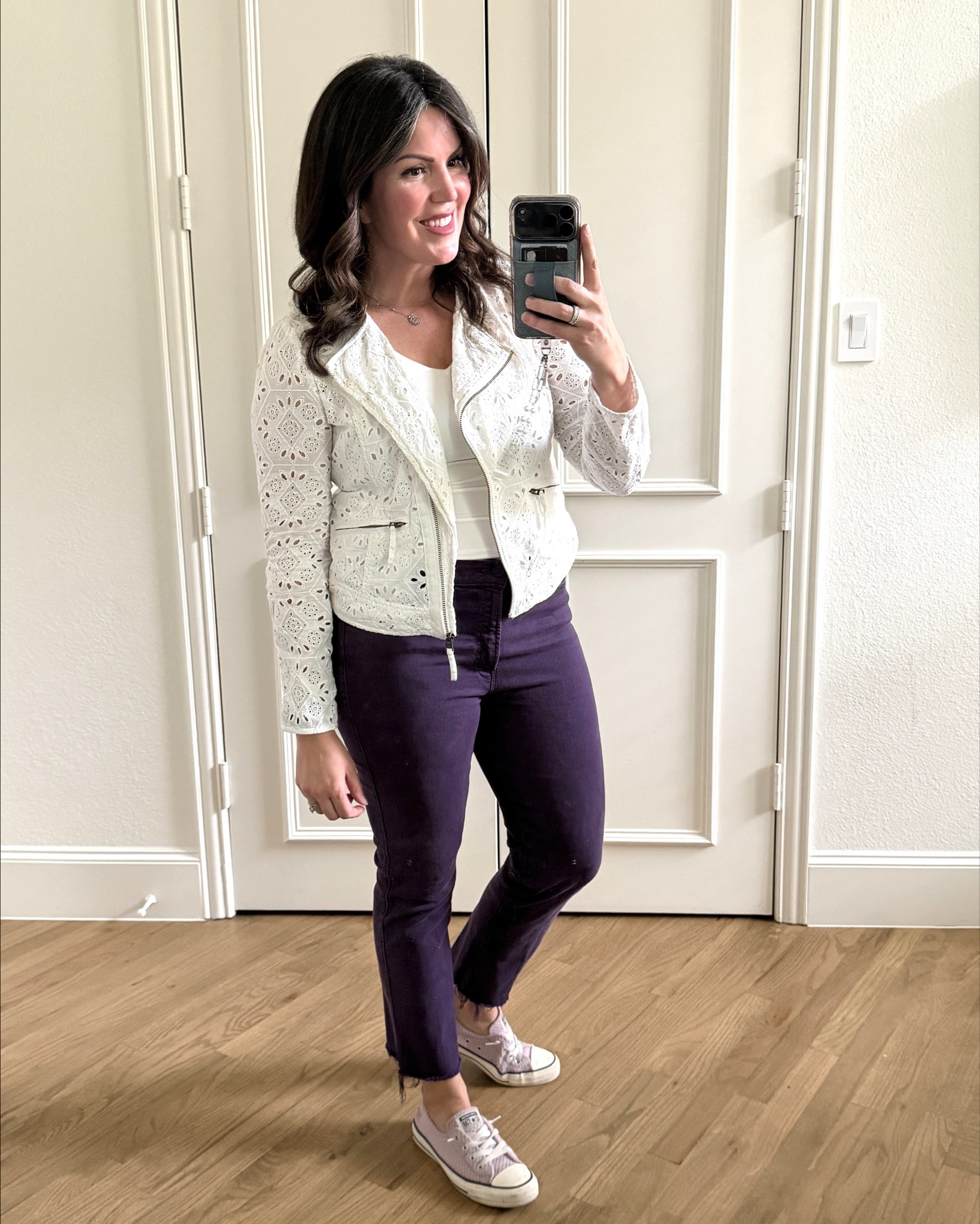 The thrifted eyelet moto jacket!  Linking a bunch more sizes so you can snag one too. This is a medium and at first I thought it was a little tight, but it does seem to fit true to size. I think the previous owner might’ve dried it in the dryer. I washed it on delicate and put it on when it was damp and just did a couple of stretches and get loosened back up to what it probably was originally. Perfect soft white that passes the Kleenex test!  Paired with Smoked Grape match jeans that you can also thrift! These are Mother Denim and they run notoriously one size too small so go up one size! Sneakers old but there’s cuter lilac leopard ones I’ll link! 

#LTKOver40 #LTKMidsize #LTKootd