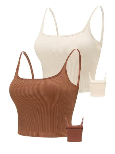 Chilylori Seamless Sports Bra Cropped Tank Top with Adjustable Straps Workout Tops Ribbed Sports Bra for Women Wireless Longline Crop Tank Padded Comfortable Brami 2 Pack Bronze+Beige M | Amazon (US)