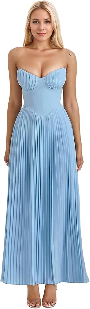 Strapless Corset Prom Dress Aline Ruched Chiffon Formal Wedding Guest Gown Summer Maxi Petite Dre... | Amazon (US)