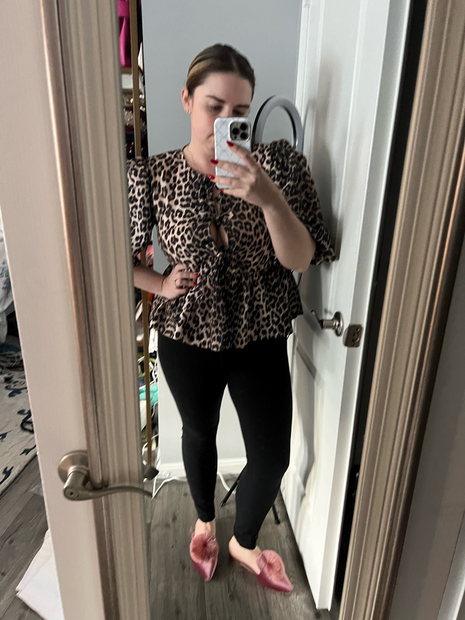 Happy Hour Outfit 

Leopard bow top - large 
Leggings - medium 
Pink mules - 7.5 

#LTKfindsunder50 #LTKmidsize #LTKstyletip