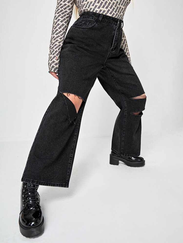 Plus High Waist Ripped Detail Wide Leg Jeans | SHEIN