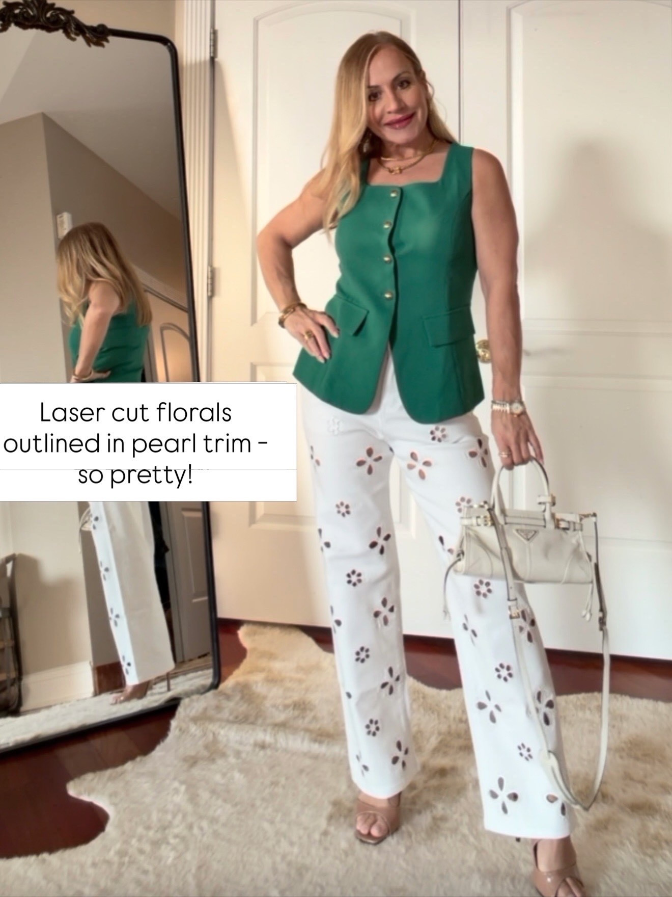 Nothing like a crisp white pair of jeans to brighten up the season!  Add some laser cut floral designs & some trim makes this pair extra special and unique! I love them paired with a white top for a monochromatic look as much as I like them paired with a bright color!  This green vest has such a great fir and looks so high end 🤌🏻🤌🏻🤌🏻

#LTKOver40 #LTKgrwm #LTKootd