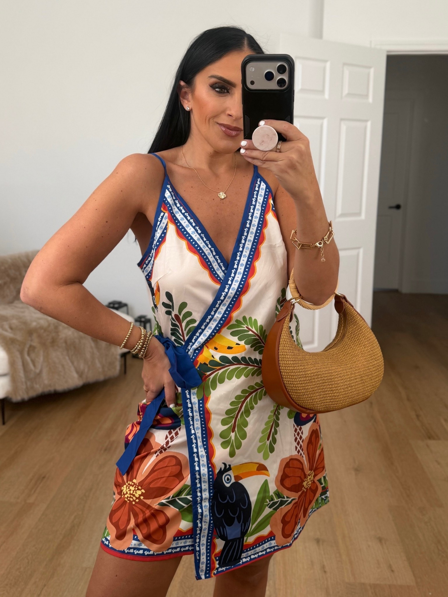 Farm Rio inspired from amazon Tropical Print Mini wrap dress wearing size medium. 
