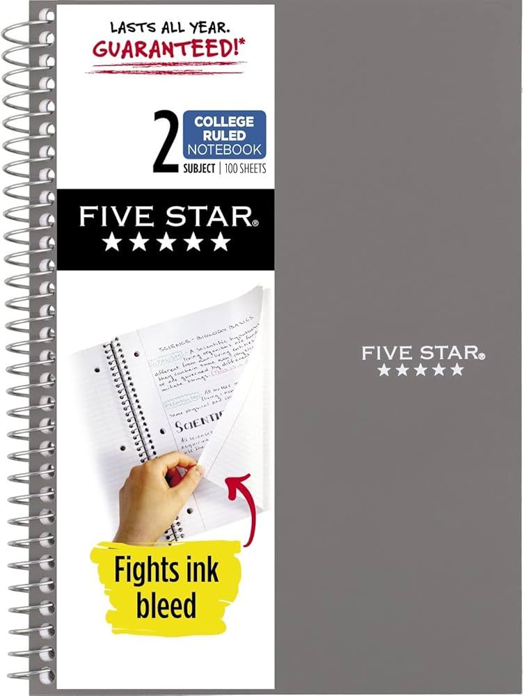 Five Star Small Spiral Notebook, 2-Subject, College Ruled Paper, 9-1/2" x 6", 100 Sheets, Gray (8... | Amazon (US)
