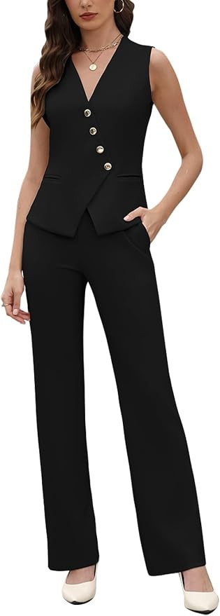 Women's 2 Piece Sets Business Casual Outfits Sleeveless Blazer Vest Pants Suits Professional Offi... | Amazon (US)