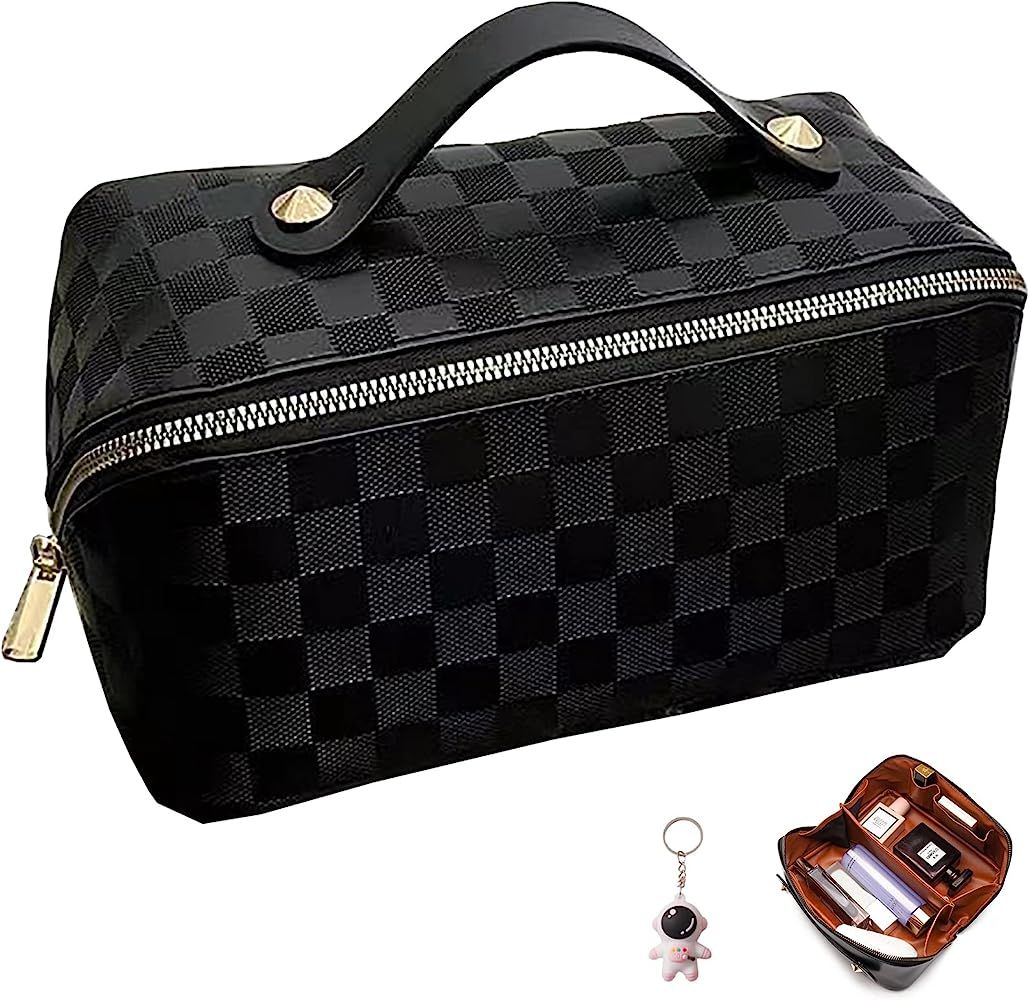 lomkya Checkered Makeup Bag Large Cosmetic Bag PU Leather Makeup Bag Storage For Women Girls Trav... | Amazon (US)