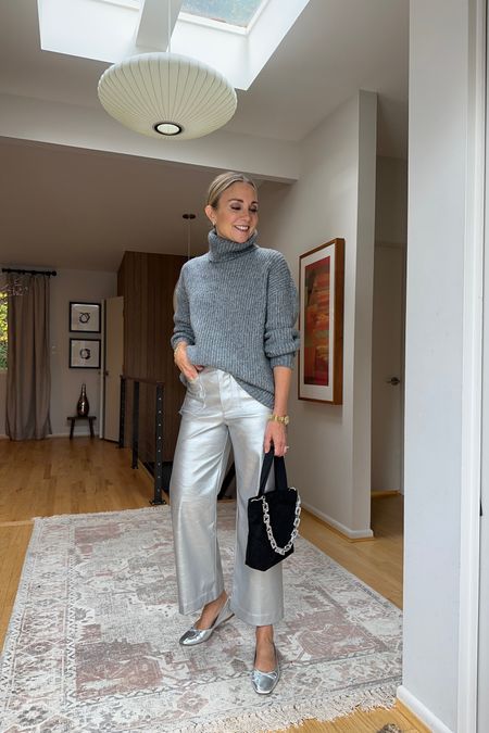 The best fitting pant that comes in every color and faux leather! Wearing a 26. Fits true to size. 
Silver pants, silver ballet flats, grey sweater, Anthropologie, kohls, workwear 

#LTKfindsunder50 #LTKworkwear #LTKover40