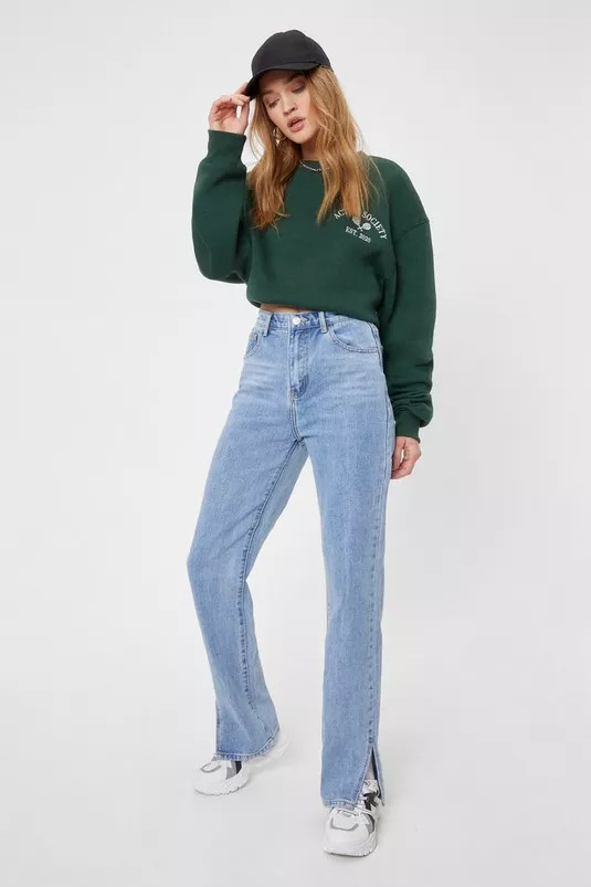 High Waisted Split Hem Straight Leg Jeans | Nasty Gal (US)