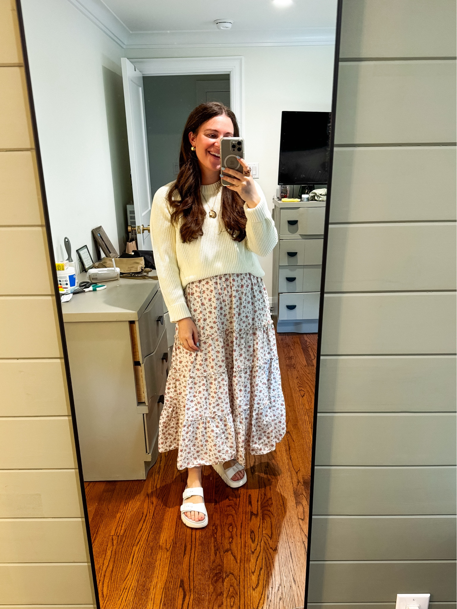 Slowly easing into the spring weather with this outfit for a friends baby shower. Wearing a M in the dress, L in sweater and shoes are TTS