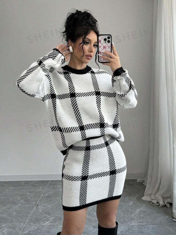 SHEIN Elenzya 2pcs Women's Plain Color Patchwork Crew Neck Pullover Sweater And Plaid Skirt Set | SHEIN