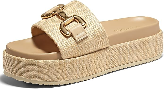 Coutgo Womens Platform Sandals Raffia Espadrilles Metal Chain Slip on Open Toe Cute Beach Slide S... | Amazon (US)