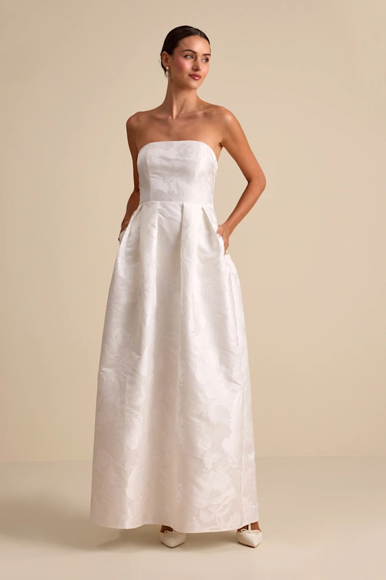 Laurelin White Jacquard Pleated Strapless Maxi Dress | Lulus