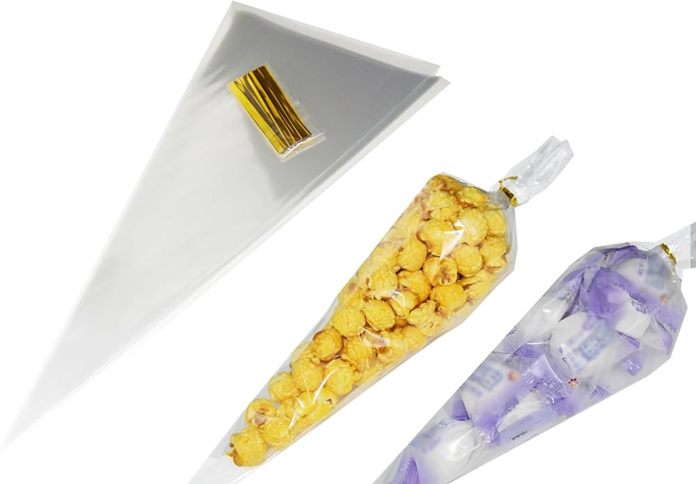 Cone Treat Bags, 7"x15" 100pcs Large Clear Cellophane Bags for Popcorn with 100pcs ties | Amazon (US)