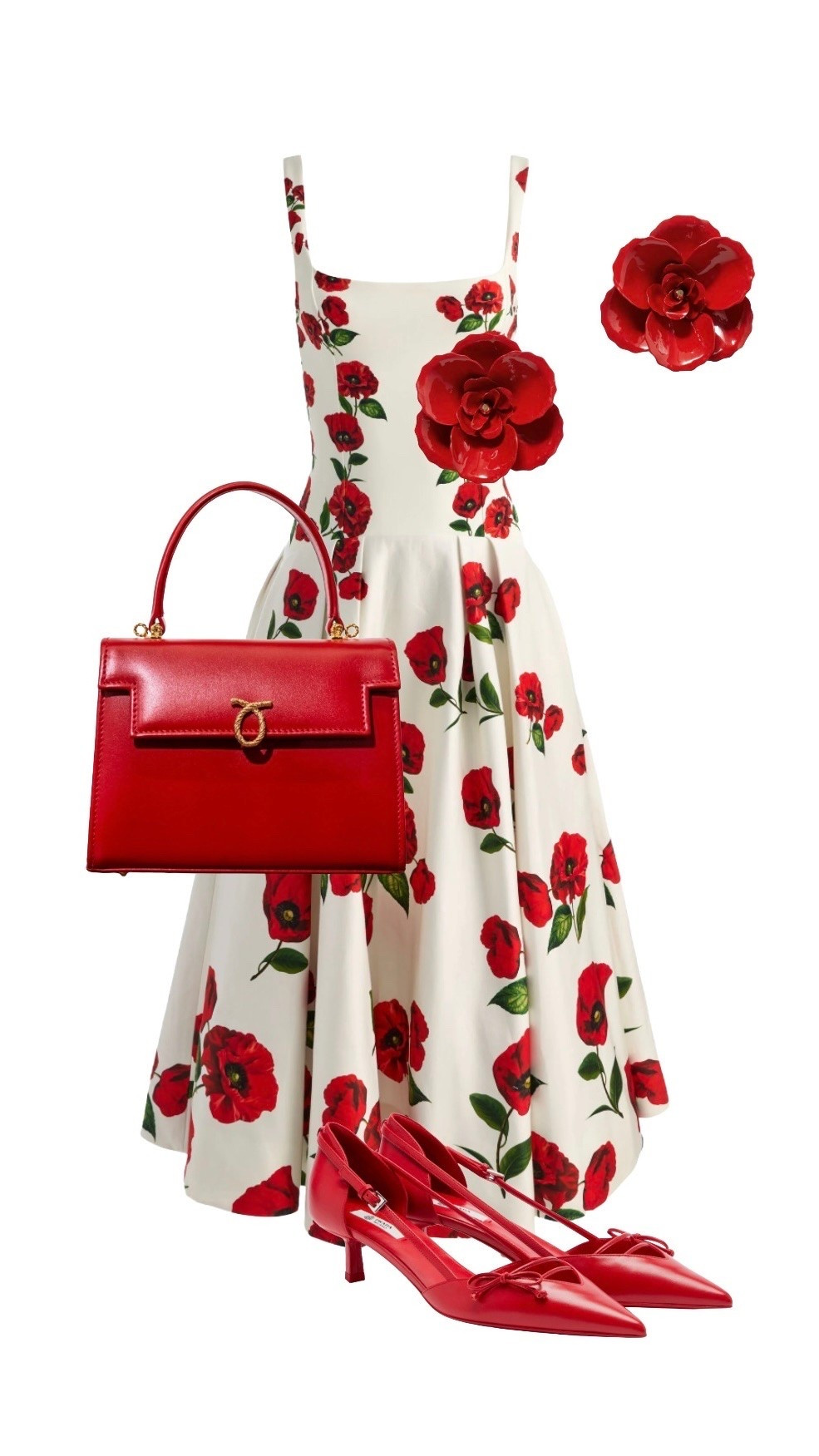 Rose Print Sleeveless Midi Dress - Alice & Olivia 

Red Statement Flower Earrings - Jennifer Behr at Net a Porter 

Red Leather Traviata Top Handle Handbag - Launer London 

Red Leather Kitten Heel Shoes - Prada at My Theresa

#LTKluxury #LTKdatenight #LTKeurope