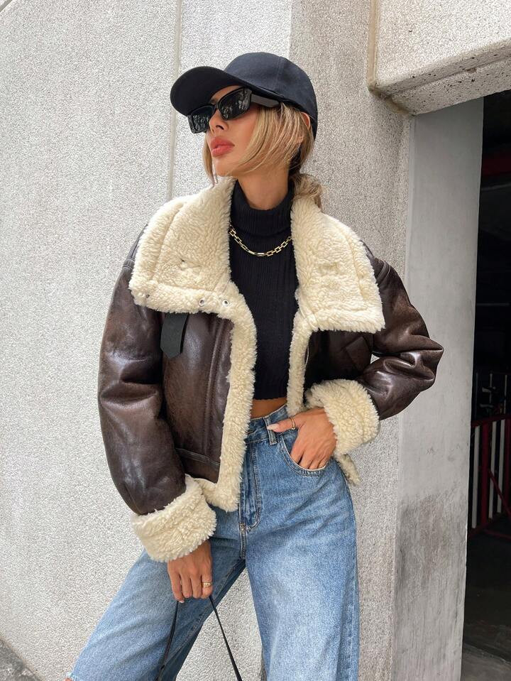 SHEIN Essnce Teddy Lined PU Leather Jacket | SHEIN