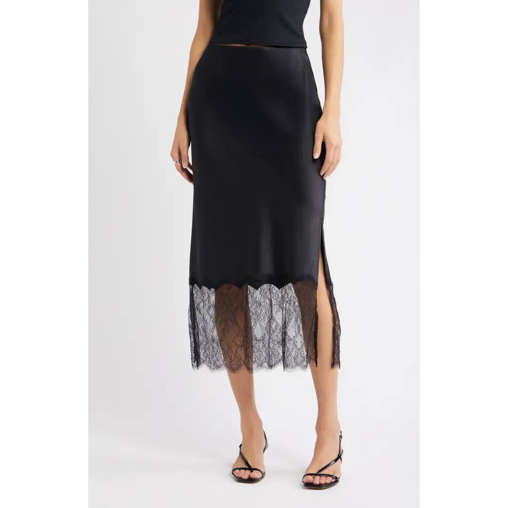 Open Edit Lace Trim Satin Midi Skirt in Black at Nordstrom Rack, Size Small | Nordstrom Rack