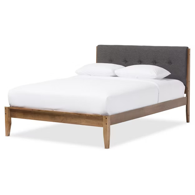 Leyton Mid-Century Modern Fabric Upholstered Platform Bed Gray/Walnut Brown - Baxton Studio | Target