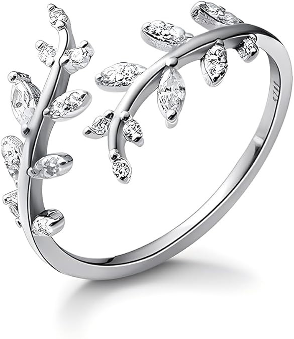 Adjustable S925 Sterling Silver Ring for Women,Branch Leaves Band Stacking Finger Ring,Paved Cubi... | Amazon (US)