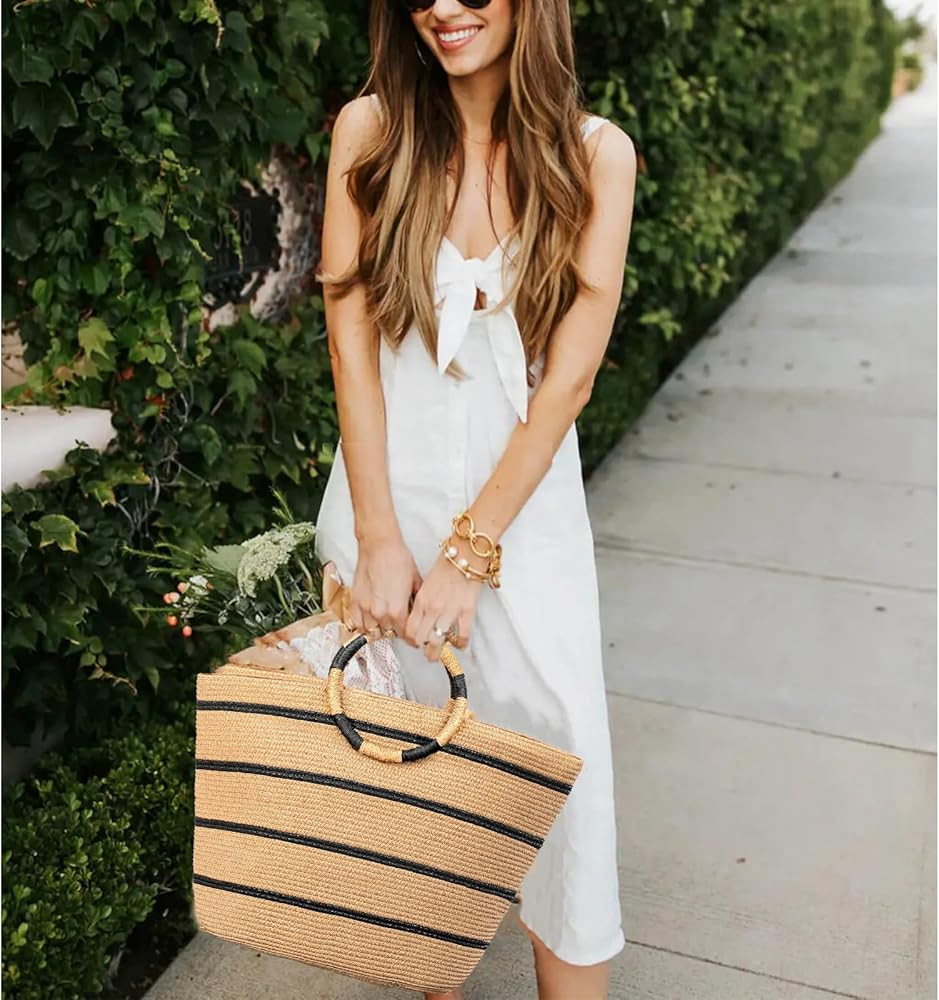 Beach Bags for Women Straw Tote Bag Summer Beach Bag Large Woven Straw Tote for Vacation Holiday | Amazon (US)