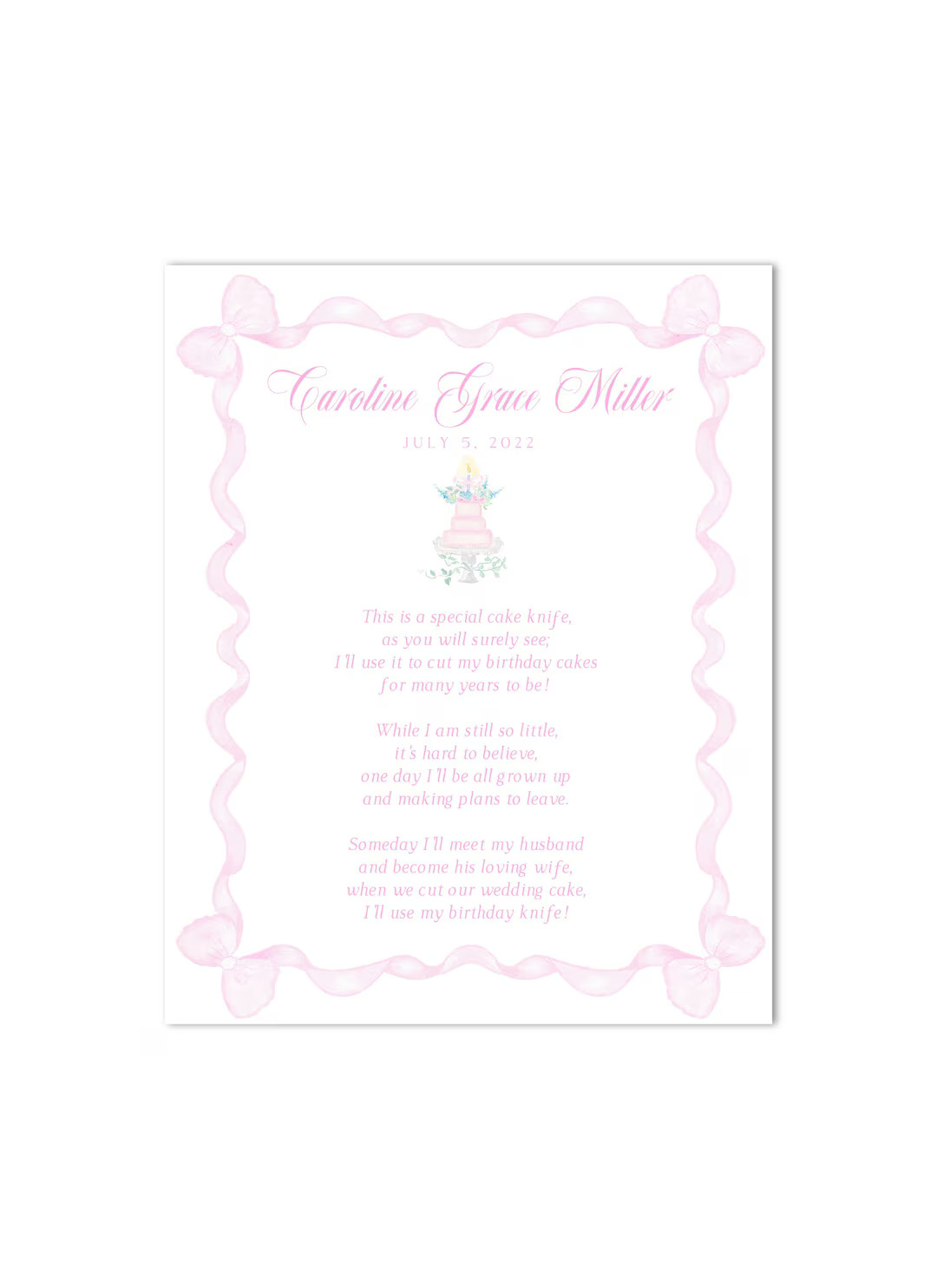 PRINTABLE Pink Birthday Cake Knife Poem First Birthday 8x10 Watercolor, Grandmillenial, Preppy IN... | Etsy (US)
