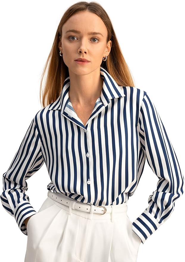 LILYSILK Womens 100% Silk Shirt Ladies Blue White Pinstripes Blouse with V Neck and Long Sleeve W... | Amazon (US)