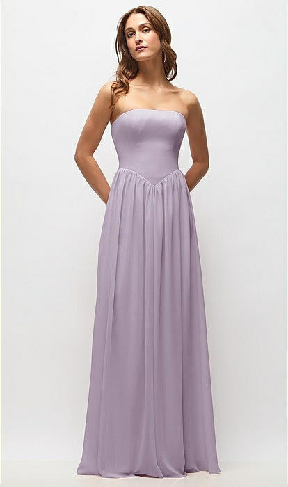 Strapless Basque Drop Waist Chiffon Maxi Dress with Shirred Skirt  in Lilac Haze | Dessy Group