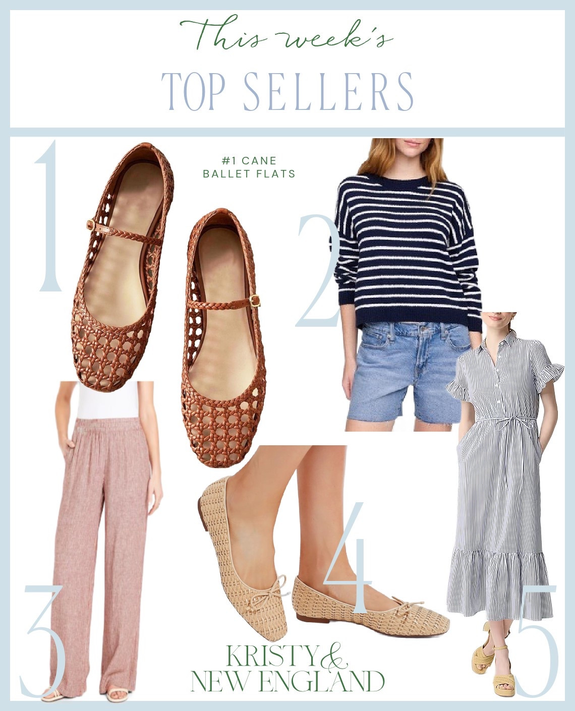 Top Sellers of the Week #1 Cane Ballet Flats #2 Navy Striped Cotton Slub Sweater #3 Red Stripe Linen Pants (more colors under$30) #4 Natural Woven Ballet Flats # 5 Navy Stripe Ruffle Maxi Dress

#LTKOver40 #LTKShoeCrush #LTKSaleAlert