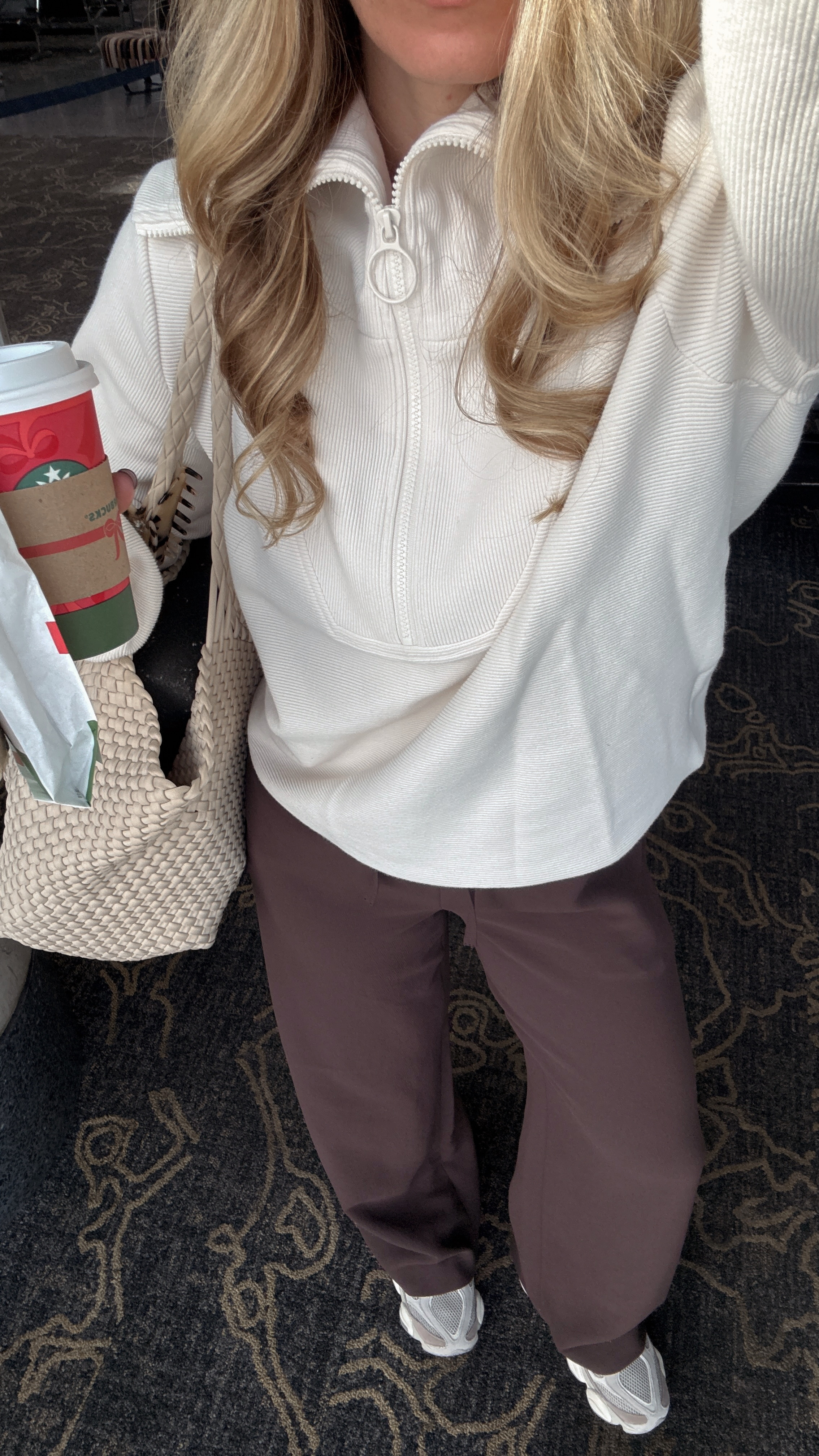 My travel outfit for the day.🤍 Wearing this Varley half zip (small), Amazon long sleeve tee (small) & Aritzia brown pants (small). 

 

#LTKStyleTip #LTKTravel #LTKItBag