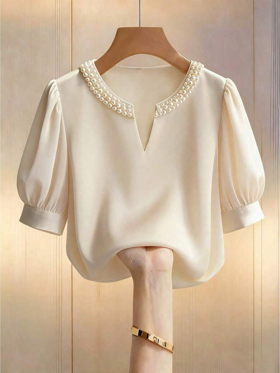 Women Elegant Champagne Satin Shirt Faux Pearl Puff Sleeve Notched Neck Loose Fit Casual Commuter... | SHEIN