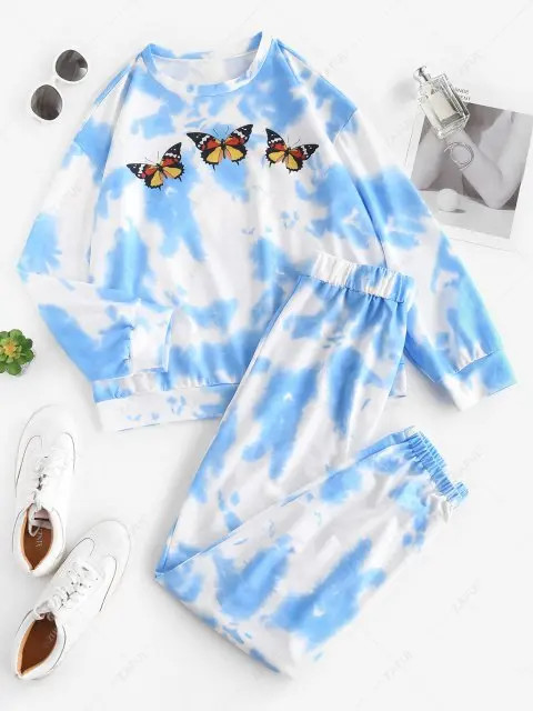 Tie Dye Butterfly Sweat Two Piece Set - Blue M | ZAFUL (Global)