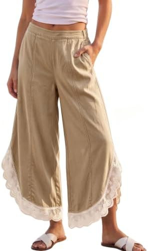 Hooever Women's Lace Trim Cotton Wide Leg Pants High Waist Palazzo Trouser | Amazon (US)