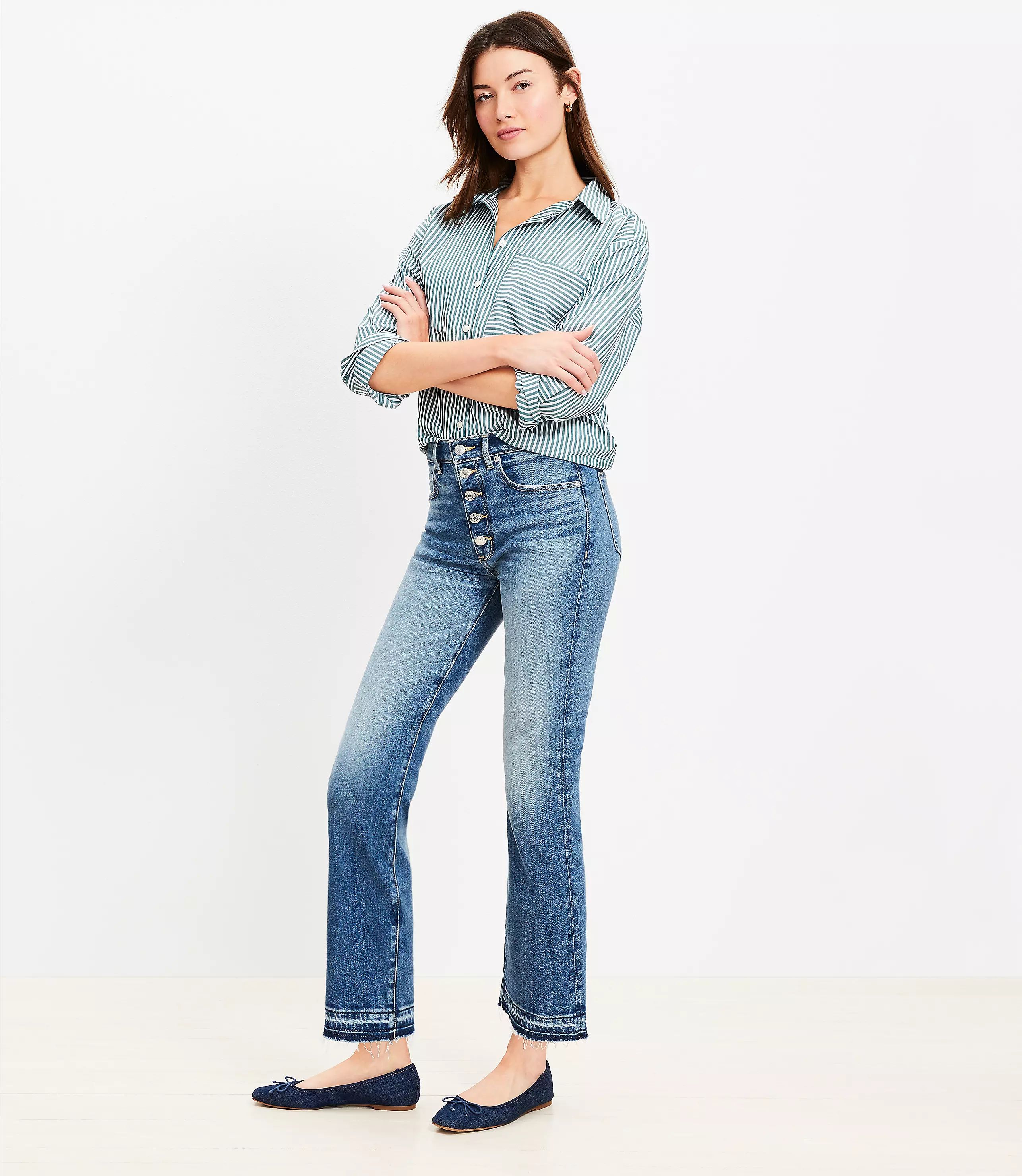 Button Front High Rise Kick Crop Jeans in Mid Vintage Wash | LOFT