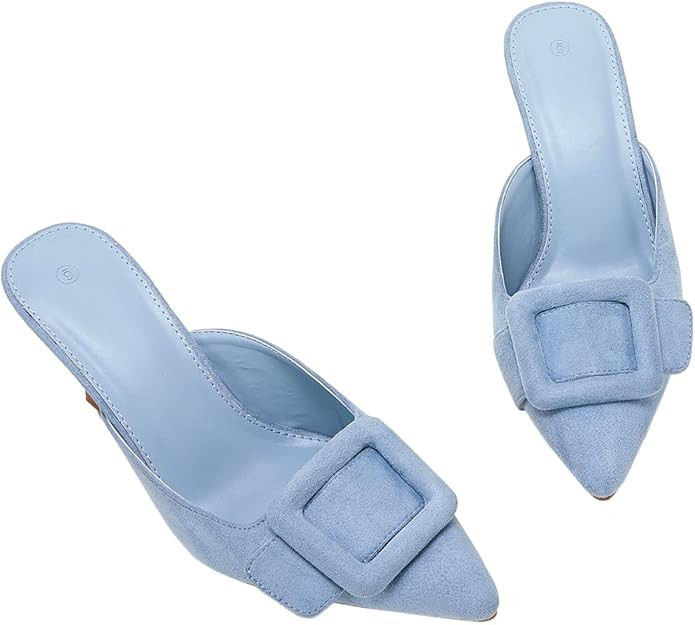 VETASTE Women's Heeled Mules Pointed Toe Suede Buckle Slip On Sandals Kitten Heels Party Wedding ... | Amazon (US)