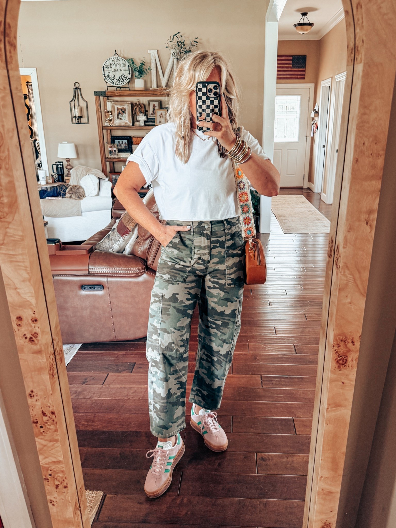 These Target camo pants fit so cute! I’m wearing my true size 8. 
White cropped tee - M
Sneaks - sized down 

#LTKFindsUnder50 #LTKStyleTip #LTKOver40