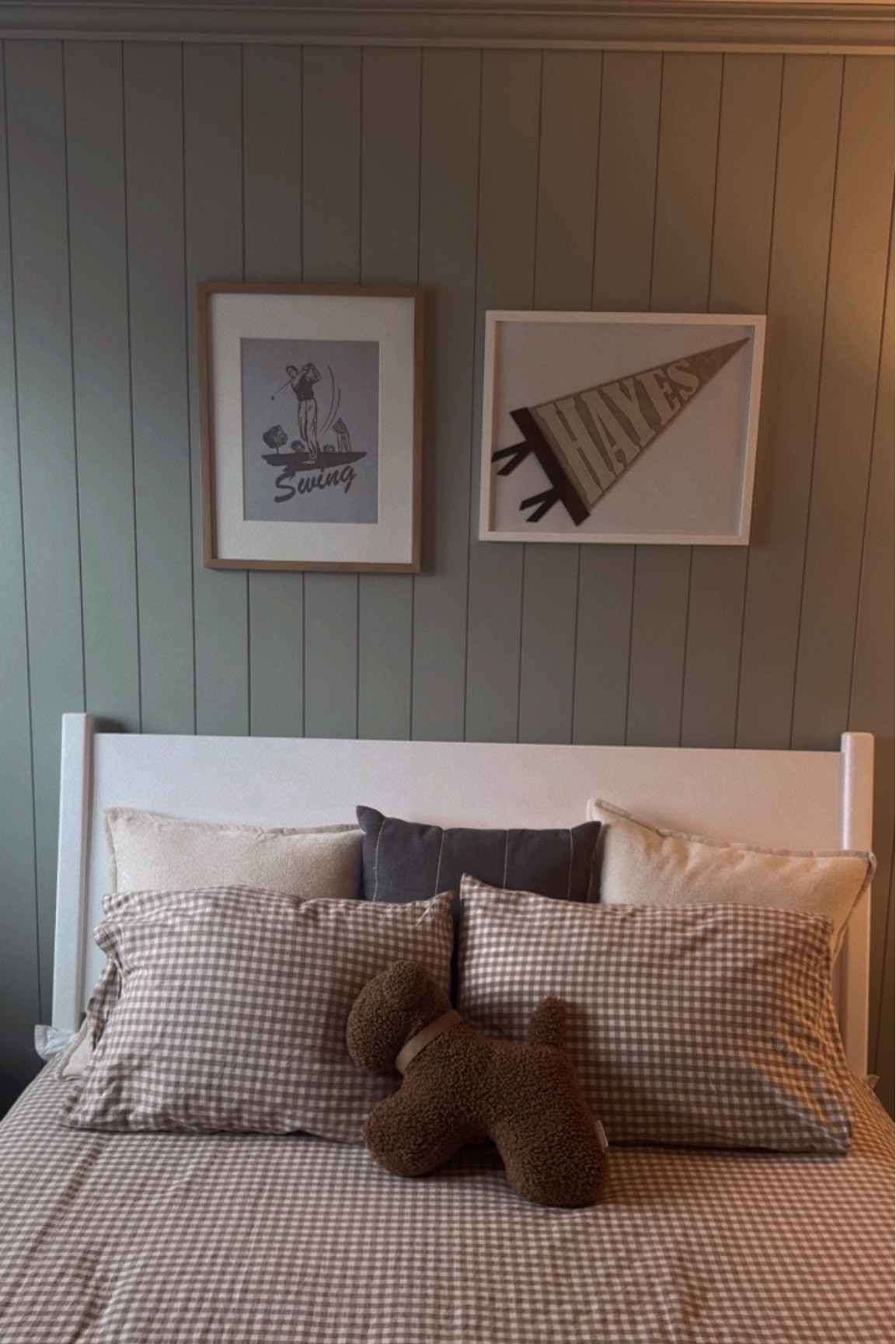 Hayes’s big boy room! Toddler boy bedroom—bedding is from Amazon, art is Etsy, frames are target. 
Paint: oyster bay, Sherwin Williams 